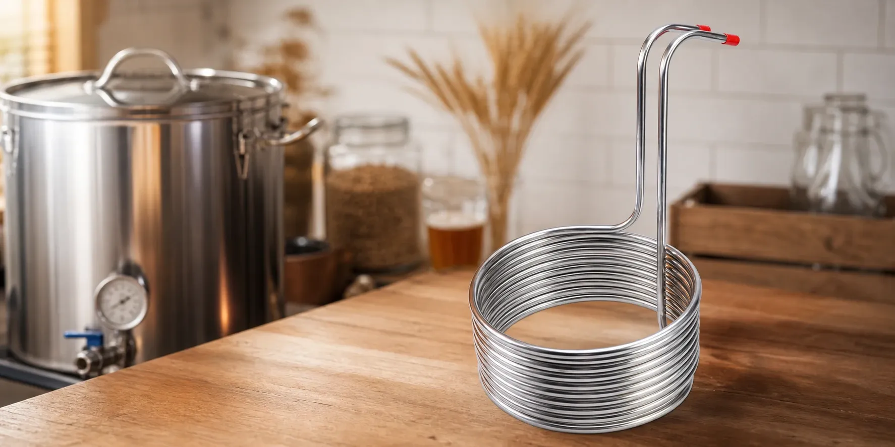 Durable stainless steel immersion wort chiller placed on a wooden table in a bright brewing environment, with a stainless steel pot and brewing ingredients in the background.