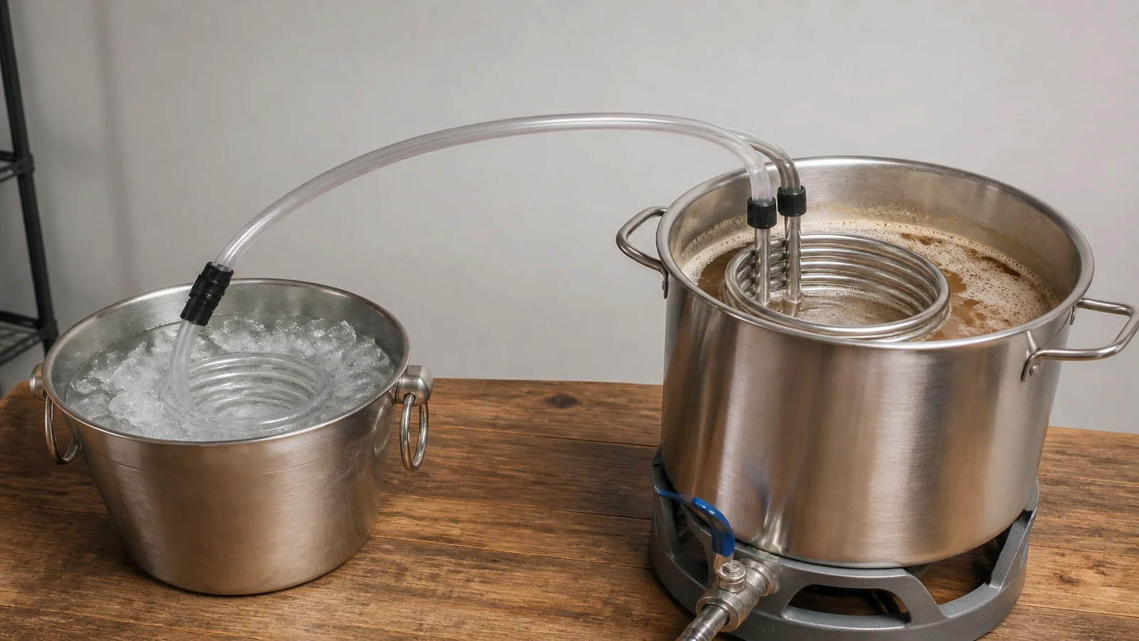 Ice-bath pre-chiller hose feeding a stainless immersion wort chiller