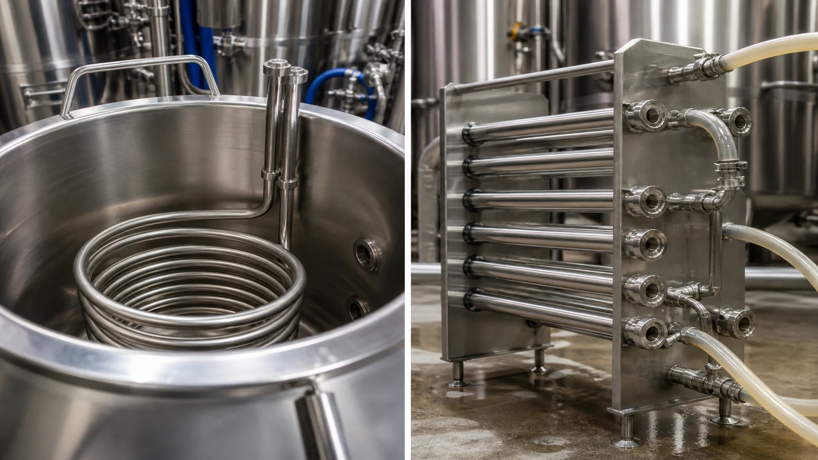 Side-by-side visual of immersion coil and counterflow chiller styles for homebrew