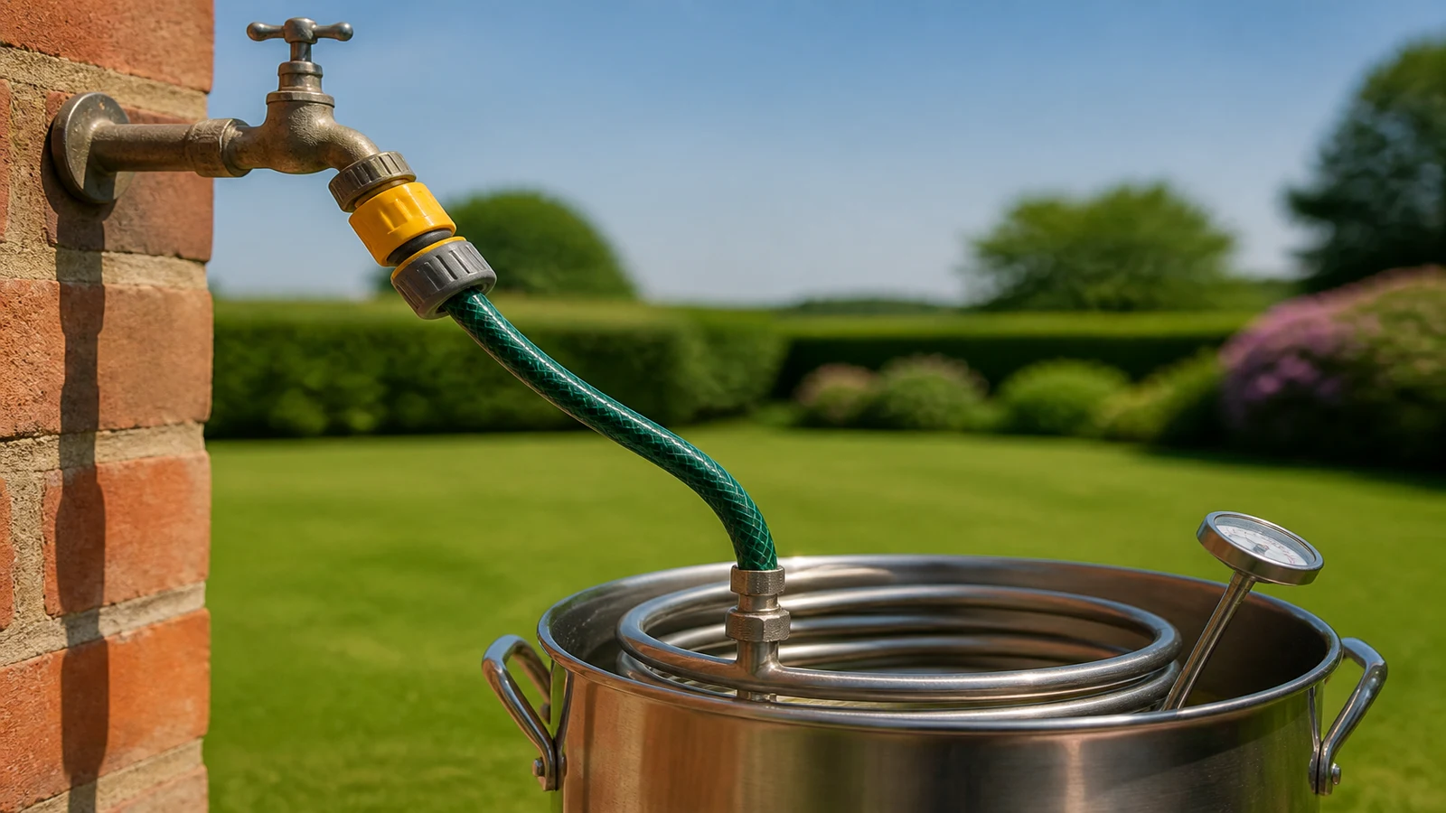 Garden tap hose connected to a stainless wort chiller coil in summer light