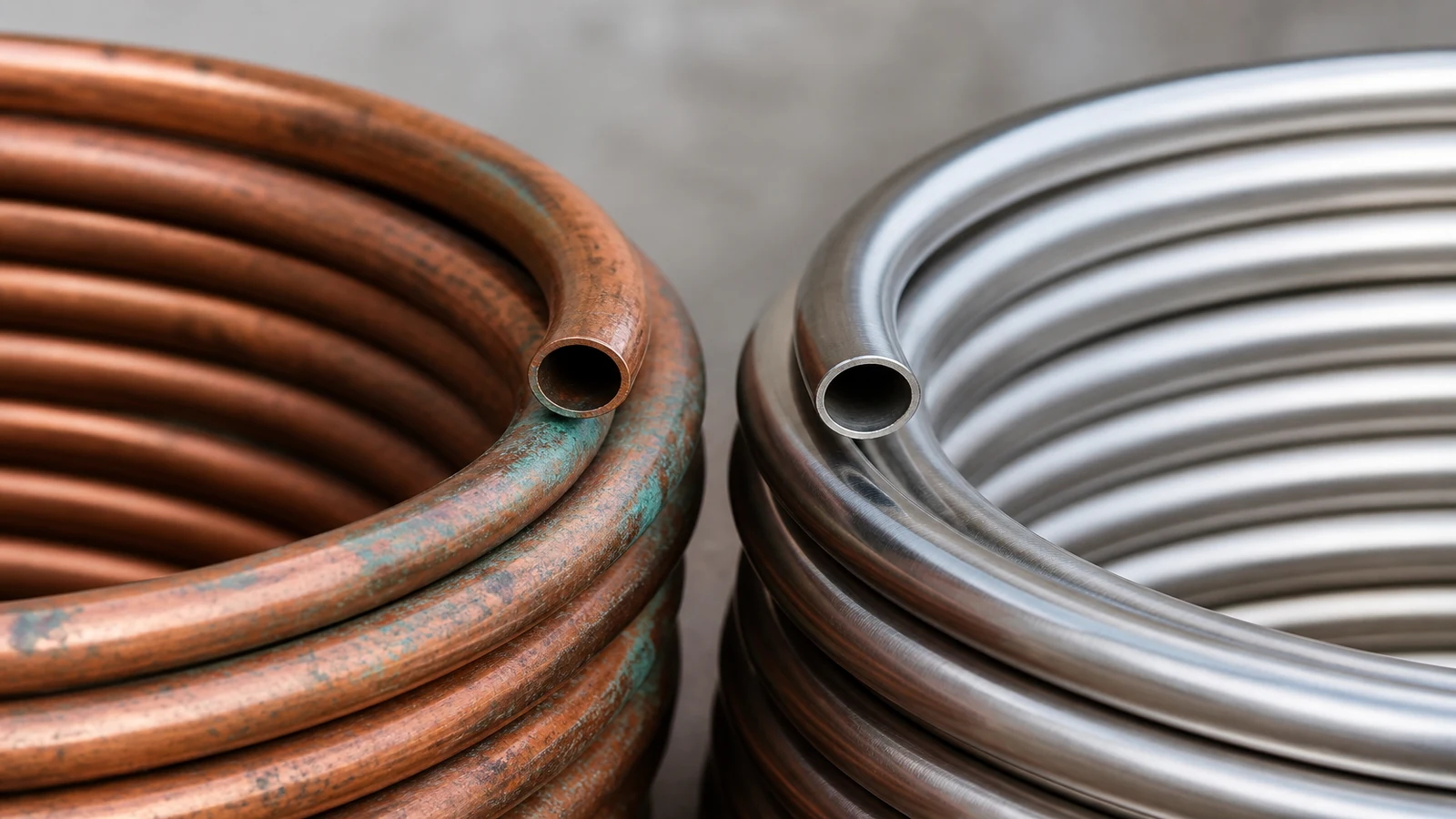 Copper wort chiller coil with oxidation patches beside a clean stainless coil