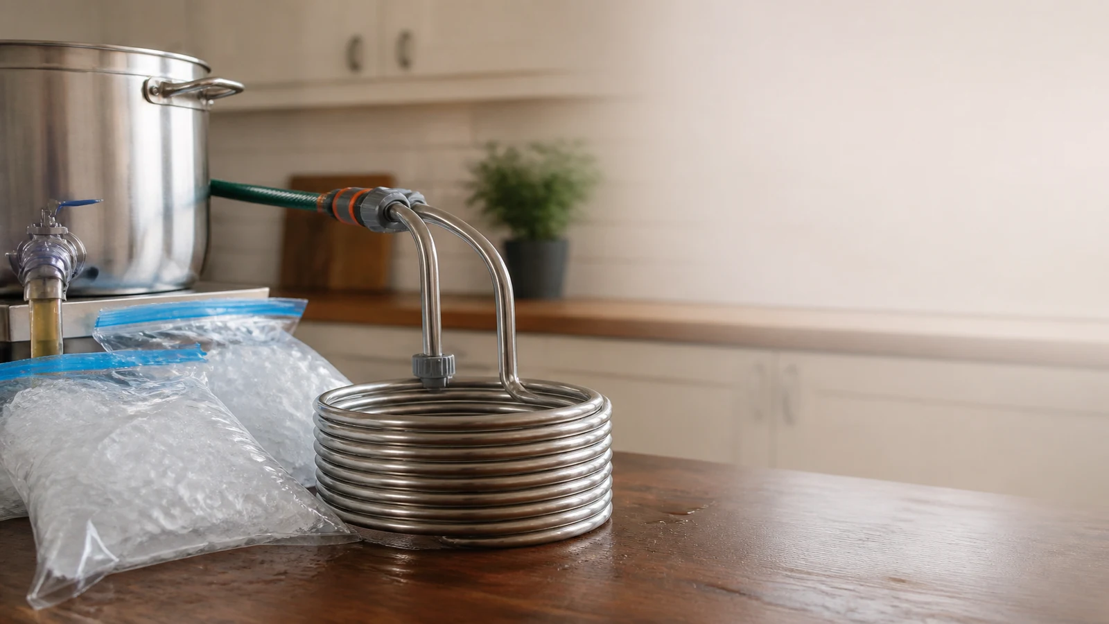 Stainless immersion wort chiller coil beside ice packs on a UK kitchen worktop
